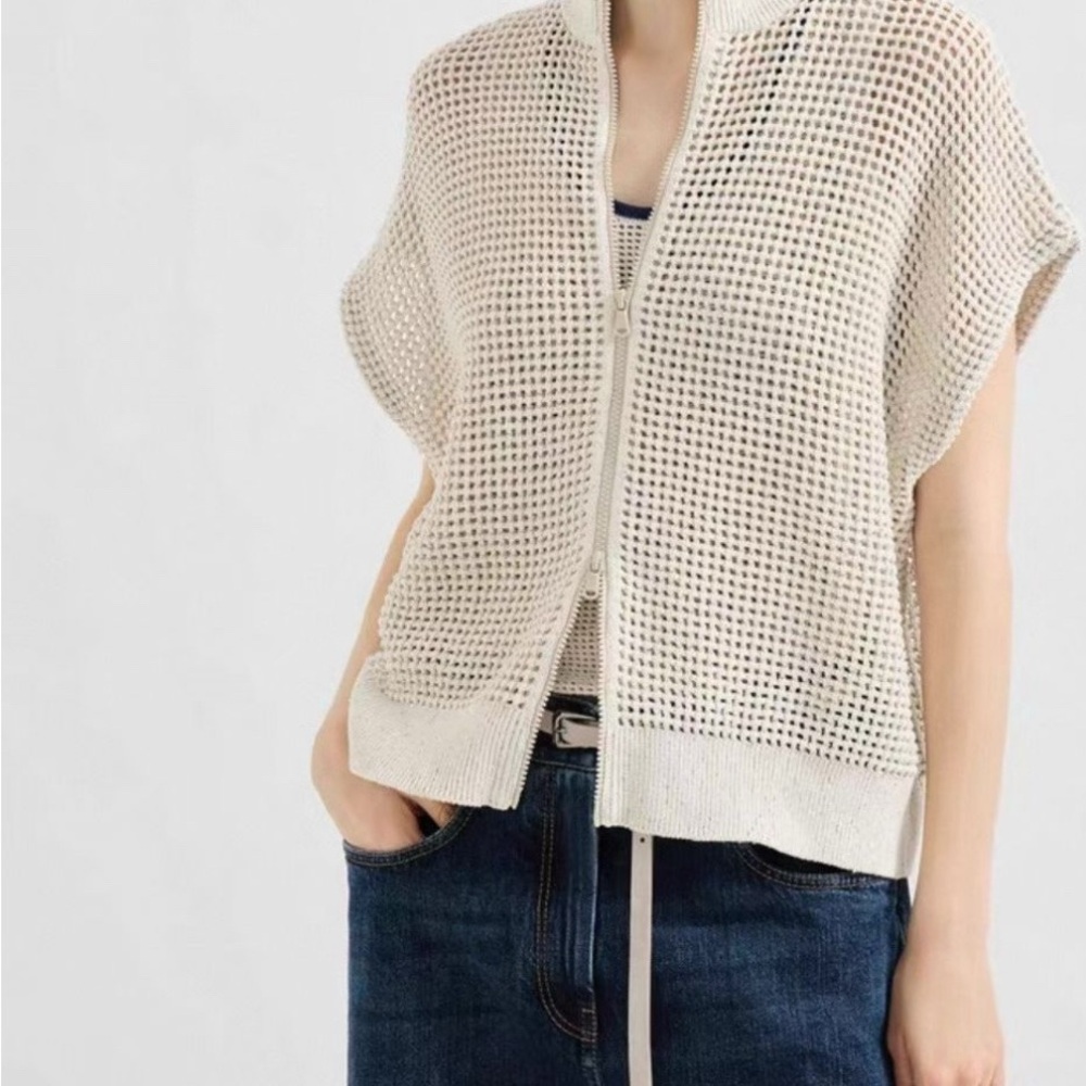 Brunello Cucinelli Cream Open-Weave Zip Knit Vest pre order only